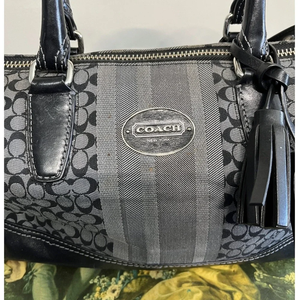 Coach Signature‎ Monogram Satchel Black Grey Leather Trim Shoulder Bag